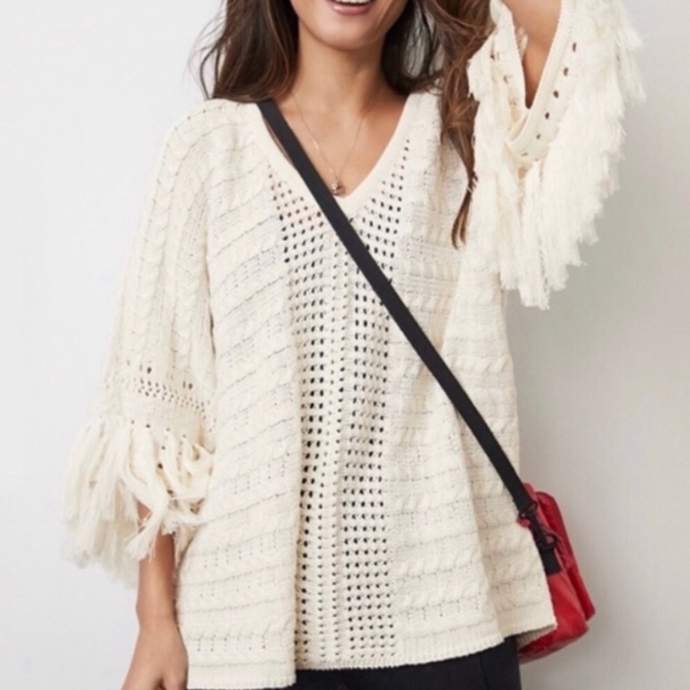 CAbi Ivory Knit Poncho with Fringe